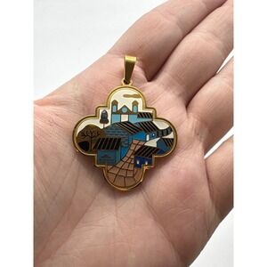 Vintage Mexican Folk Art Enamel Gold Tone Village Church Quatrefoil Pendant J172